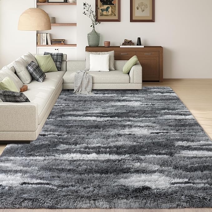 Shag Rugs for Living Room 6x9, Ultra Soft Abstract Grey Big Fuzzy Rugs for by Ailyei