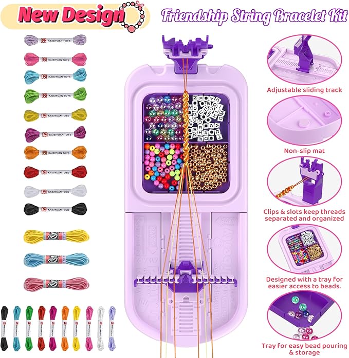 Friendship Bracelet Making Kit, Arts and Crafts Loom Bracelet Maker for Kids, Jewelry String Making supplies with 3 Thread Styles & 6 Bead Types, Christmas Birthday Gifts for Girls Ages 6 7 8 9 10+