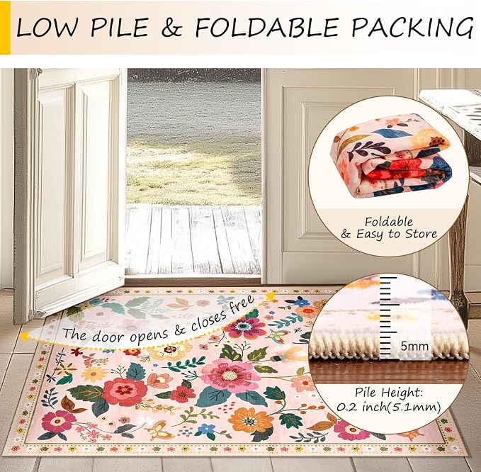 RELEANY Floral 2x5 Area Rugs Washable Print Boho Cute Carpet Non Slip Flower - Image 6