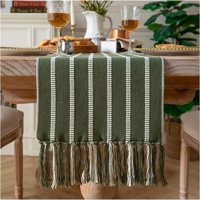 Caflife Boho Table Runner 90 Inchs Long Green, Cotton and Linen Woven by Caflife