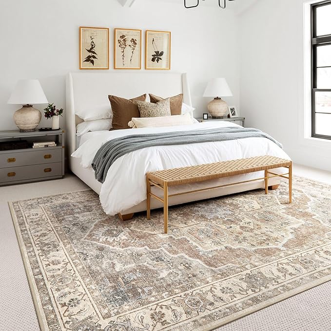 8x10 Washable Area Rug: Vintage Neutral Soft Non Slip Thin Large Floor Carpet - Image 3