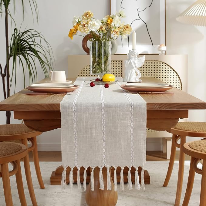 Wracra Rustic Linen Table Runner, Ivory Table Runners 36 inches Long | Raised - Image 5