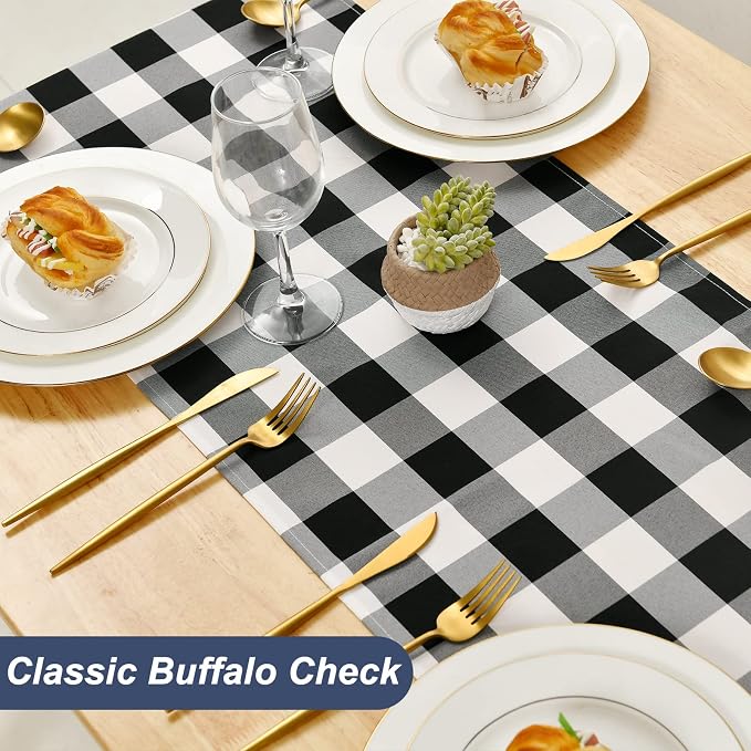 Buffalo Plaid Table Runner Black and White 14W x 60L, 1 Piece | Waterproof - Image 2