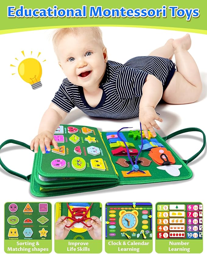 Exorany Busy Board Montessori Toys for Toddler Boy & Girl Birthday Gifts, Busy Book Learning Sensory Toys for Toddlers, Toddler Travel Toy Educational Activities Learn Fine Motor Skills