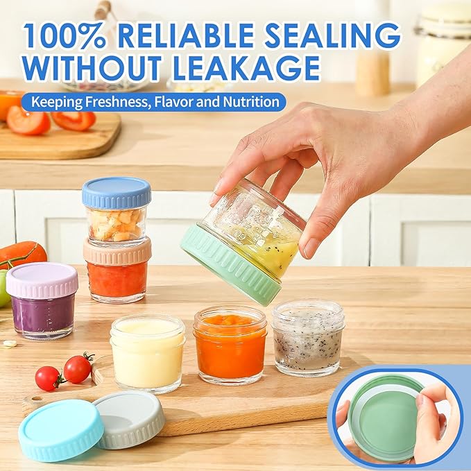 DRKIO 6 Pack Glass Baby Food Storage Containers - 4 Oz Baby Food Jars with Lids Baby Food Maker Microwave Dishwasher Freezer Safe 100% Leak Proof BPA Free Reusable
