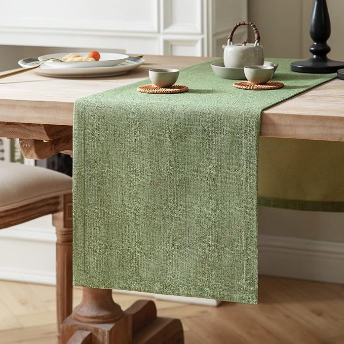 Burlap Style Farmhouse Table Runner, 14x90 Inches Grass Green | Thick Durable by ZEEMARTONLINE