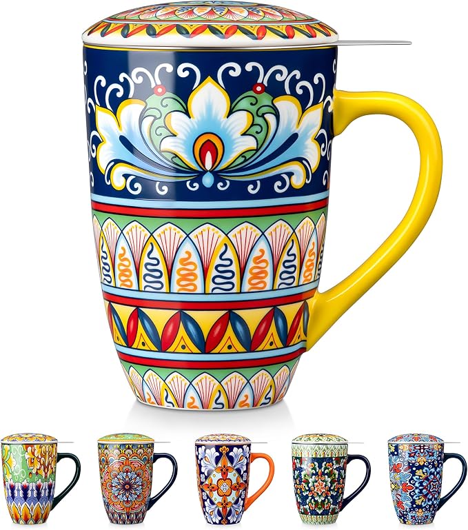 vancasso Ceramic Tea Mug with Infuser and Lid, 18 Ounce Bohemian Loose Leaf Cup by vancasso