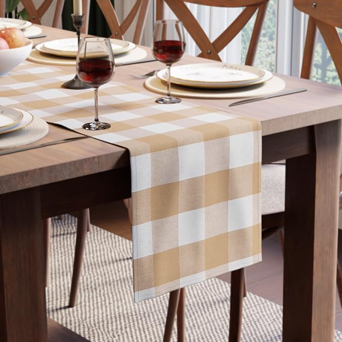 Encasa XO Table Runner, Woven Cotton Dining Runner 13"x59" Buffalo Beige Checks by EncasaXO