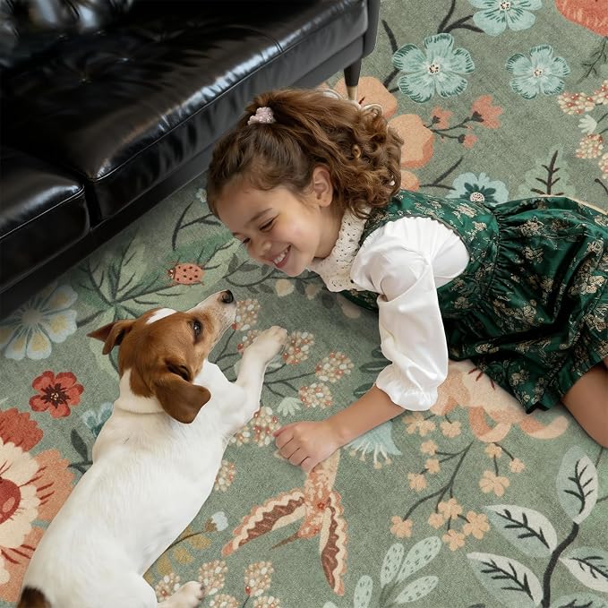 DCX Vintage Floral Rug 8x10, Washable Sage Green Rug - Image 2