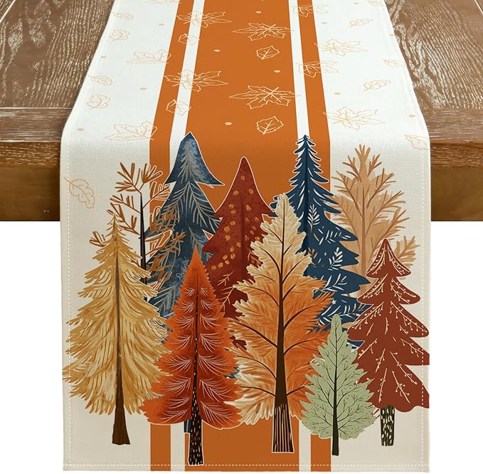 Fall Watercolor Trees & Maple Leaves Striped Table Runner 13x120 Inch, Rustic by GEEORY