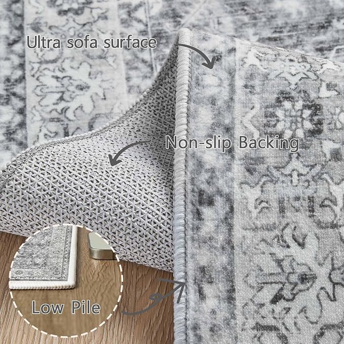 Latte&Fog 4x6 Rugs for Living Room, Vintage Washable Grey Area Rug for Bedroom - Image 9