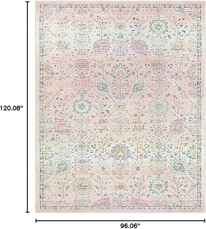 Lahome Pink Boho Area Rug, 8x10 Washable Rugs - Image 2