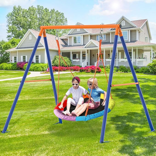 GIKPAL Saucer Swing with Stand for Kids Outdoor, 440lbs Swing Set with Heavy-Duty Metal Frame and Adjustable Ropes, Safe Waterproof Round Playset for Backyard Playground Park, Rainbow Color