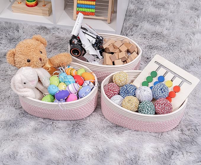 Off White&Mixed Pink Shelf Basket to Store and Organize Household Items/Baskets&Bins for Daily Storage &Organizing/Woven Rope Basket for Bedroom,Playroom/Small Oval-13x8.66x5.11’’,3 Packs