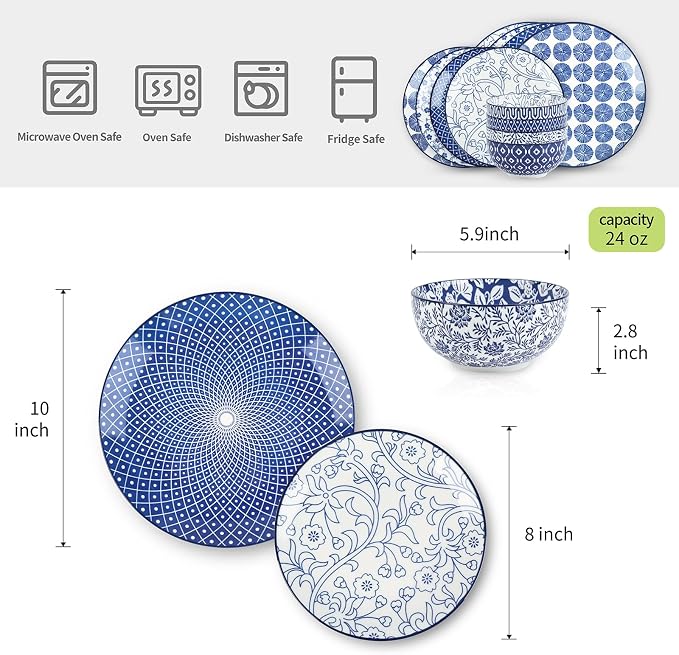 Selamica Ceramic Dinnerware Sets, Vintage Blue | Scratch Resistant Dishes set - Image 2