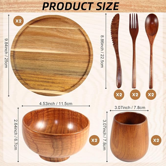 12 Pcs Acacia Wood Dinnerware Set 10 Inch Round Wooden Plates Bowls Tea Cups - Image 2