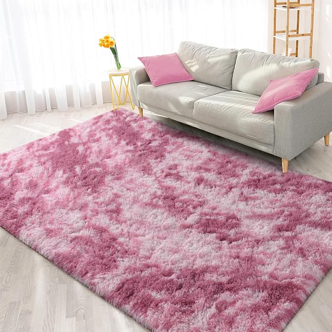 FlyDOIT Large Area Rugs for Living Room, 4x6 Feet Tie-Dyed Blush Shaggy Rug - Image 8