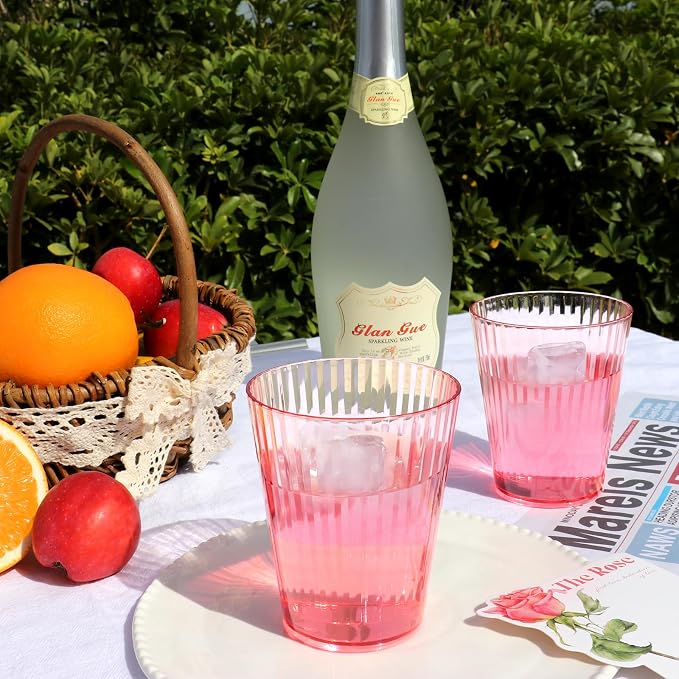 24 PCS Plastic Ribbed Drinking Glasses Pink 10oz Vintage Ripple Stemless Wine - Image 4