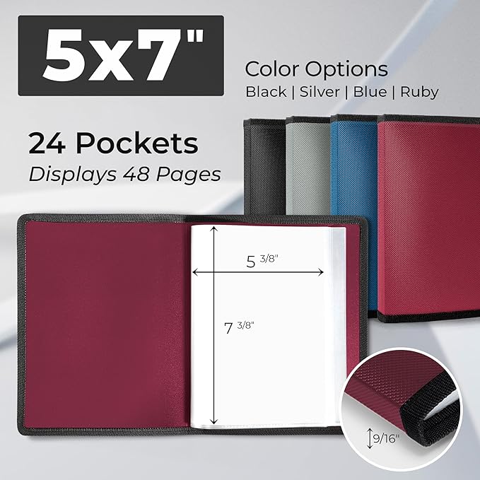 Dunwell Small Photo Album 5x7 (2-Pack, Ruby), Black Mounting Paper, 5 x 7 Photo & Art Portfolio Presentation Book, 24 Sleeves Display 48 Pages, Professional Picture Book for 5x7 Artwork, Postcards