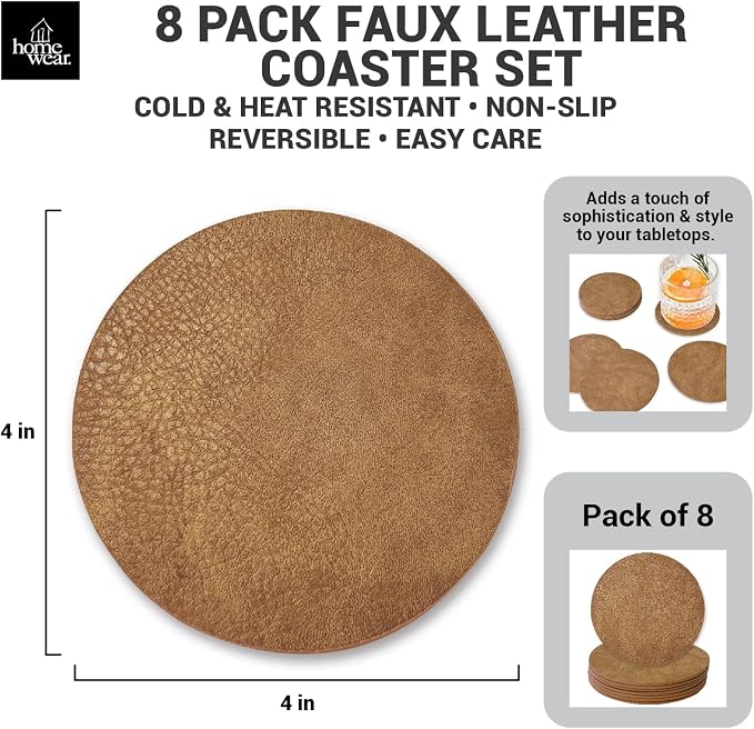 Set of 8 Morgan Faux Leather 4 Inch Round Coasters, Heat & Water Absorbent - Image 2