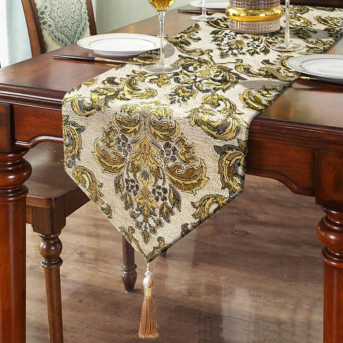 108 Inches Exquisite Gold Floral Jacquard Table Runner Thick Beige Chenille | by HeMiaor