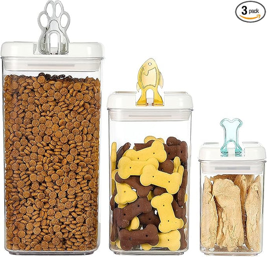 Felli Flip Tite Pet Food Container with Airtight Lids, BPA FREE Acrylic Canister with Paw Bone Fish Flip Top Handles for Cat Dog Kibble Treats Storage, Keep Fresh (Pet Collection Nest-L3pk)