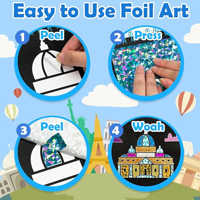 FUNNYB&G Foil Art Craft Activity for Kids - Gift for Girls Boys Crafts for Kids Fun Art Supplies DIY Creative Travel Toys, Birthday Gift Party Favor Toys for Girls 4 5 6 7 8 9 Years Old(Buildings)