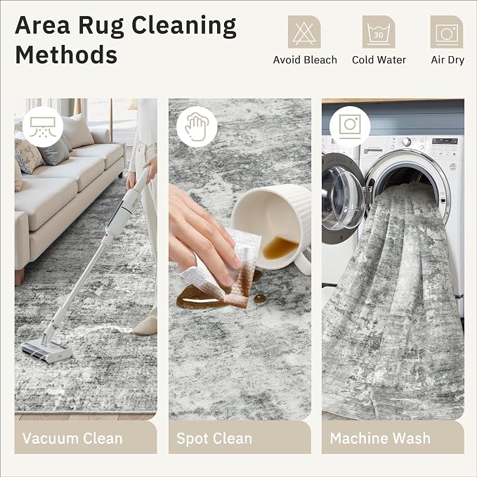 Soalmost Abstract Rug 5x7 Machine Washable Area Indoor Grey White Low Pile - Image 9