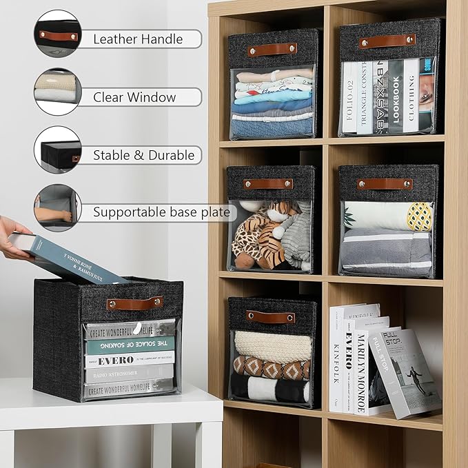 HNZIGE Fabric Cube Storage Bins 11 x 11, Collapsible Storage Cubes Bins for Storage Shelves,Foldable Cube Storage Bins for Storage, Cubby Closet Clear Bins for Storage Blanket(Prints Black 6PCS)