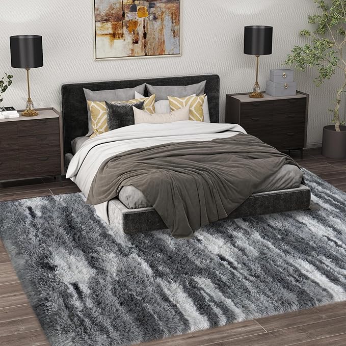 Shag Rugs for Living Room 6x9, Ultra Soft Abstract Grey Big Fuzzy Rugs for - Image 2