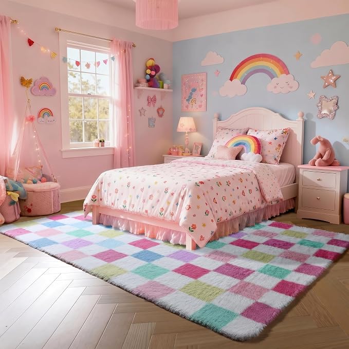KICMOR Pink Rainbow Area Rugs for Bedroom Living Room, 4x6 Fluffy Soft Colorful - Image 3