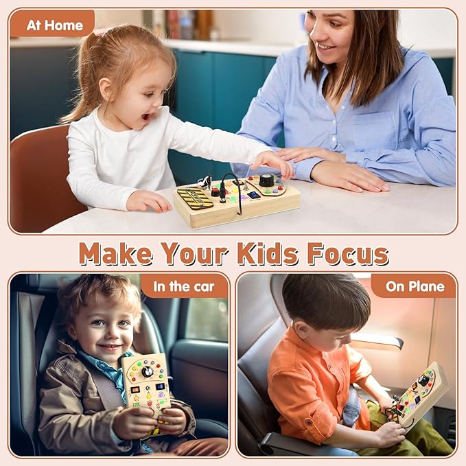 Joyreal Toddler Busy Board, Wooden Montessori Busy Board Sensory Board with LED Light Switch, Sensory Toys Baby Fidget Board Travel Toys for Toddler