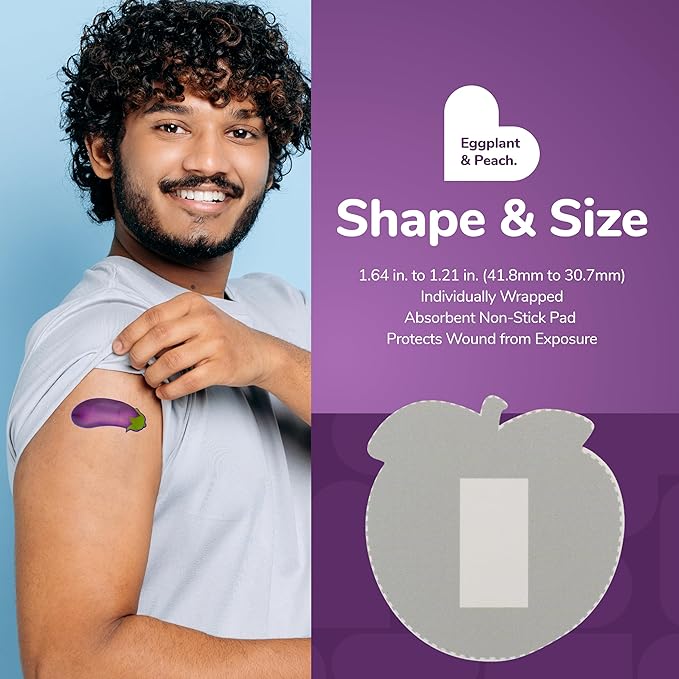 BioSwiss Bandages, Eggplant and Peach Shaped Adult Self Adhesive Bandage, Latex Free Sterile Wound Care, Funny First Aid Kit Supplies for Adults, 50 Count