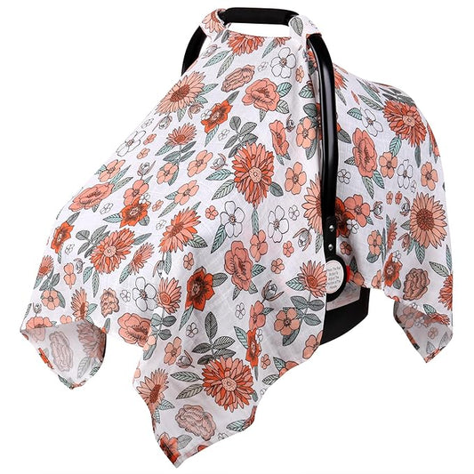 Rquite Car Seat Cover, Muslin Cotton Infant Car Seat Canopy, Breathable Baby Carrier Cover, Summer Stroller Sun Shade, Flower