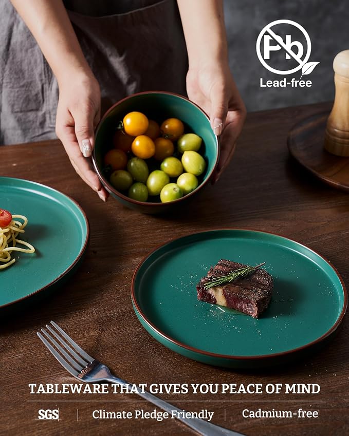 Famiware Mercury 12-Piece Stoneware Dinnerware Set, Dark Green | Plates and - Image 6