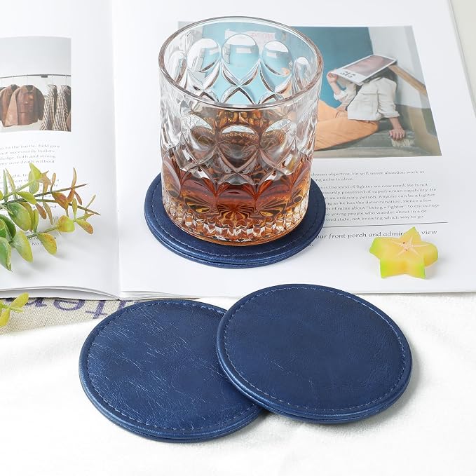 Leather Coasters Set of 6 with Holder, Tabletop Protection, Coffee Table & Bar - Image 3