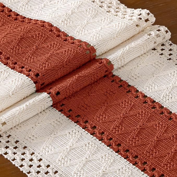 DeZerlor Boho Macrame Table Runner Terracotta Farmhouse Woven Small Table Runner - Image 2