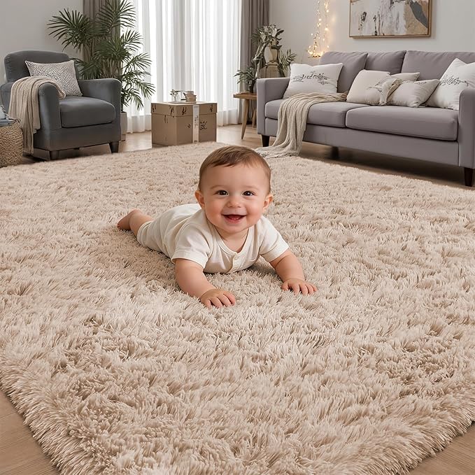 Area Rug for Living Room Bedroom: 9x12 Camel Soft Fluffy Shag Upgrade Non-Slip by PLHXFRSoftAreaRugs