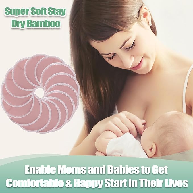 wegreeco Nursing Breast Pads (14 Pack) + Laundry Bag & Travel Storage Bag, 4.7 inch - Washable & Reusable Breastfeeding Nursing Pads (Mild Pink, Large, Contoured & Plain Shape)