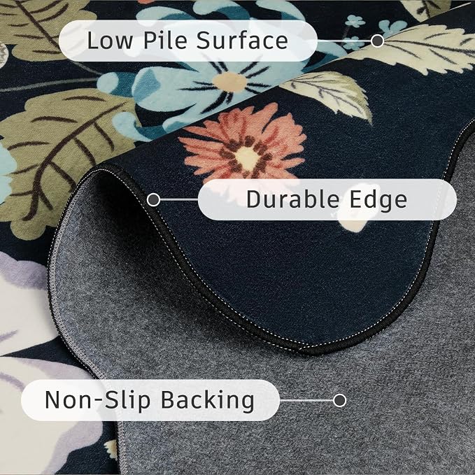 DCX Black Floral Rug 8x10, Washable Black Rug - Image 7
