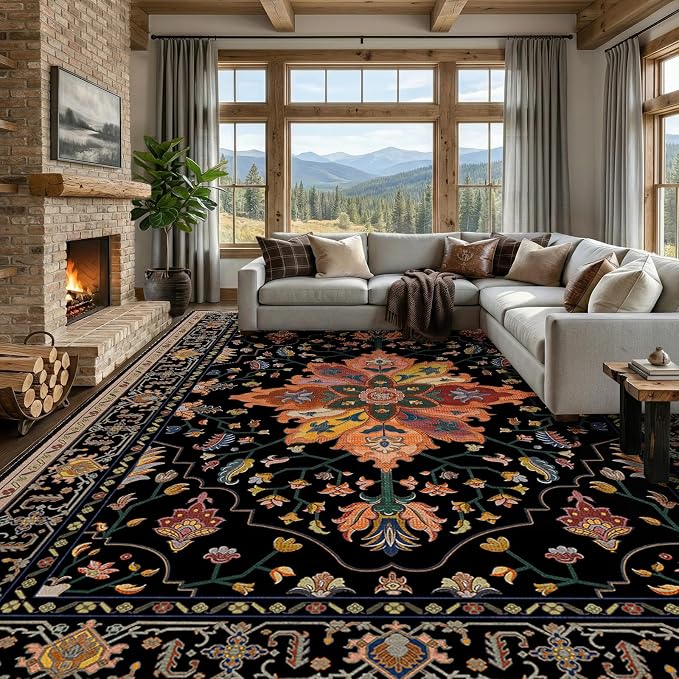 RELEANY Area Rugs Large 9'x12' Washable Non-Slip, Floral Vintage Distress by RELEANY