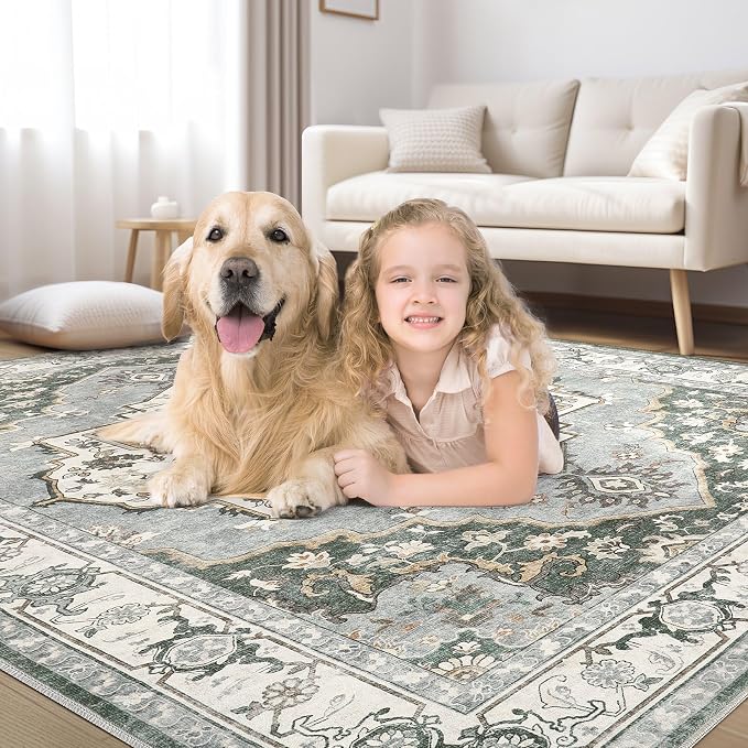 9x12 Washable Area Rug: Vintage Neutral Soft Non Slip Thin Large Floor Carpet - Image 7
