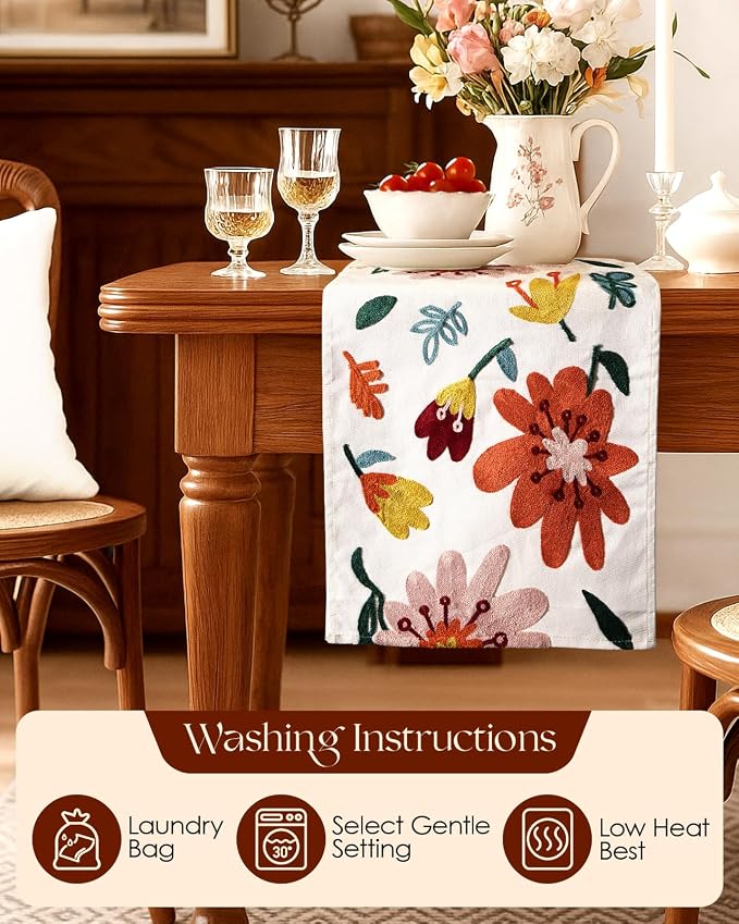 Canvas Embroidered Narrow 13"x 90" Table Runner, Colorful Flower | Exquisite - Image 4