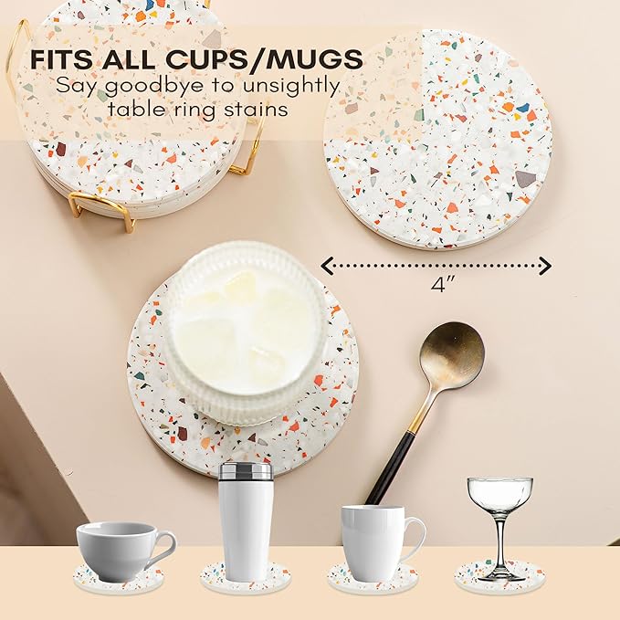 Terrazzo Coasters Set of 6, Colorful Boho Absorbent Ceramic Coasters | Speckled - Image 3