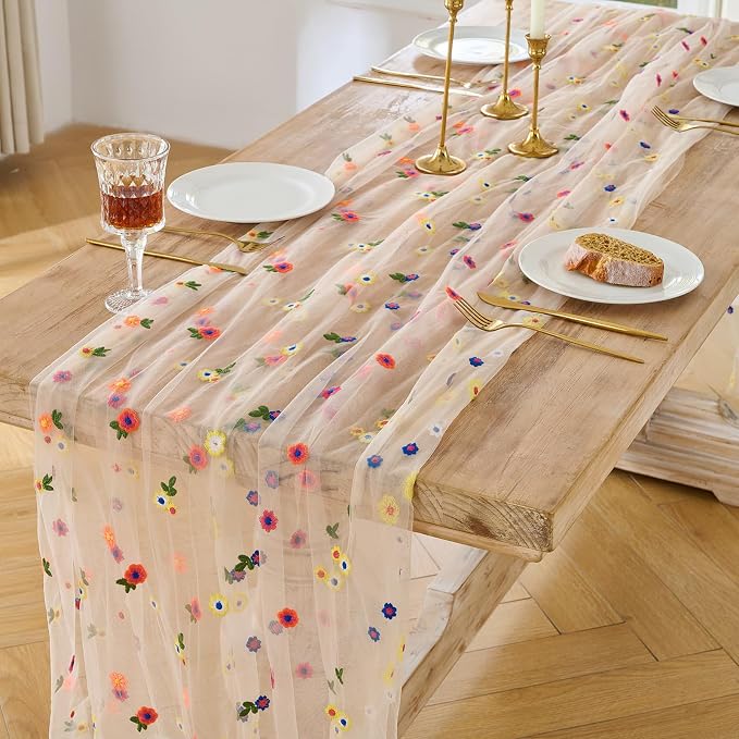 BINBE 12pcs Daisy Spring Table Runner Embroidery Gauze 10FT Florals Seasonal - Image 2