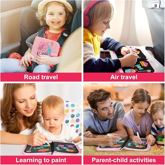 Erasable Doodle Set for Kids - Reusable Magic Drawing Book with 12 Watercolor Pens 14 Page Drawing, Road Trip Car Game Writing Painting Set for Boys and Girls (Mermaid)