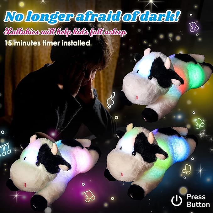 Cuteoy Glowing LED Cow Light-up Nightlight Toys Musical Plush Stuffed Animal Soft Singing Lullabies Birthday Christmas Plushies Gifts for Kids Boys Girls,15.5"