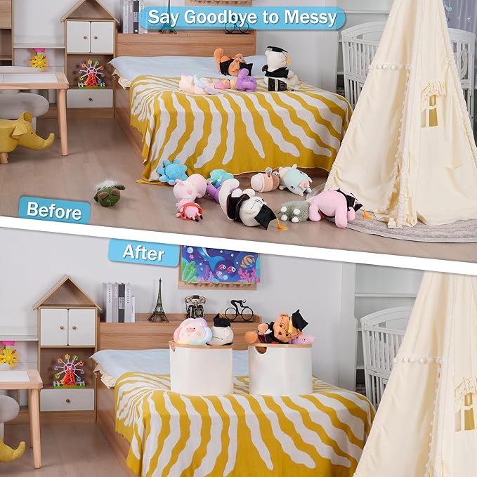 efluky Storage Baskets for Organizing, Fabric Storage Bins with Bamboo Handles, Collapsible Storage Baskets for Shelves and Closet,Medium, Beige Set of 2