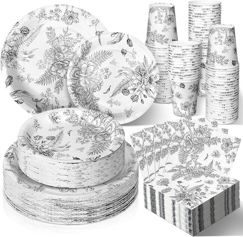 250 Pcs Black Disposable Plates and Napkins Floral Tableware Set by Dandat