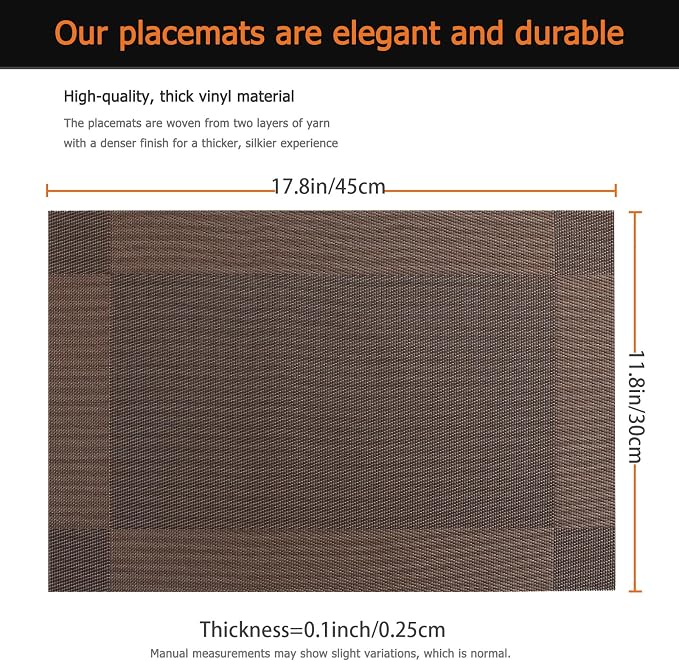 Brown Vinyl Placemats Set of 12, Heat Resistant Table Placemats | 18x12 inch - Image 3